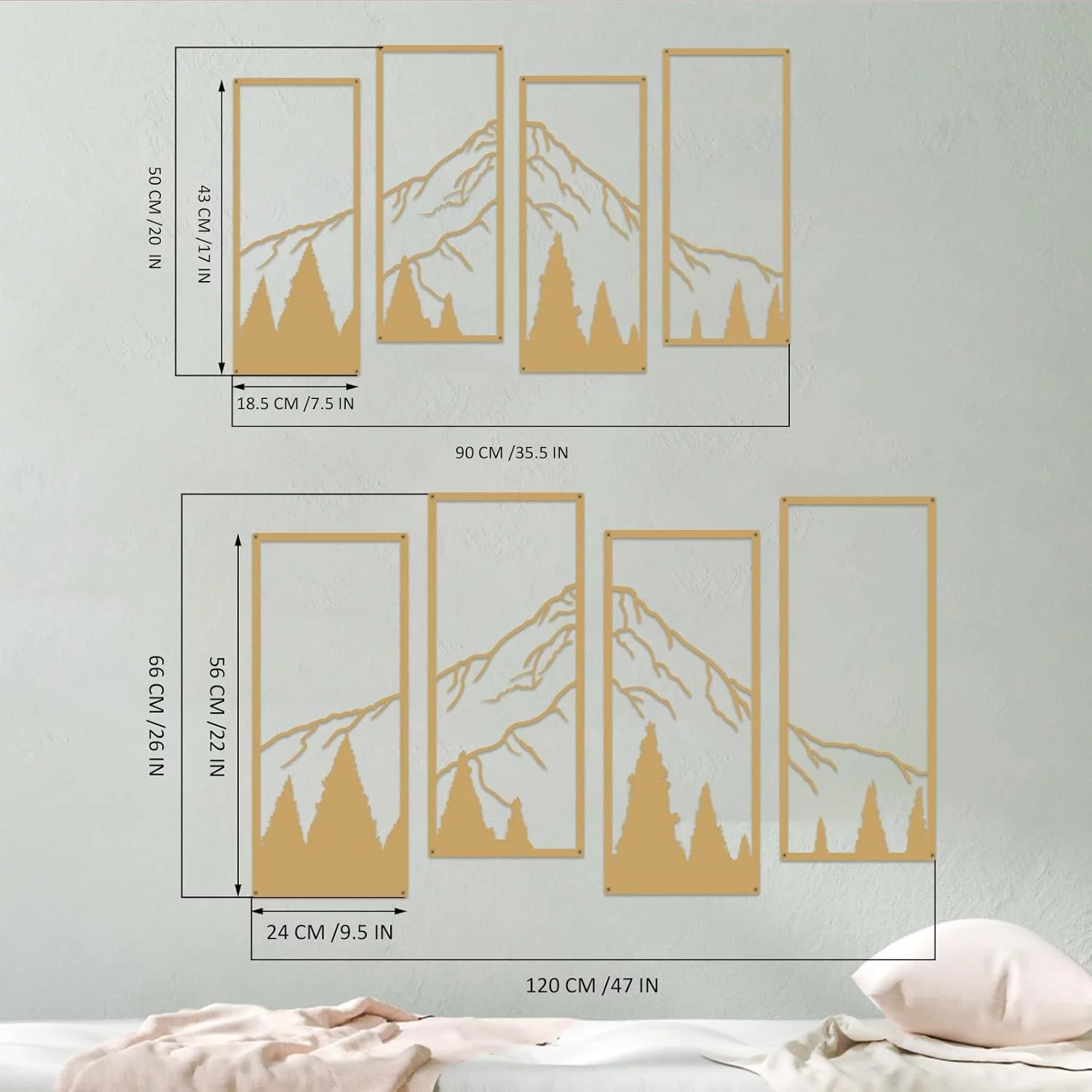 Ruelen 4-Piece Gold Metal Mountain and Forest Wall Art, Line Drawing, Minimalist Decor, Rustic Nature Home Sculpture for Office, Living Room, Bedroom - Image 4