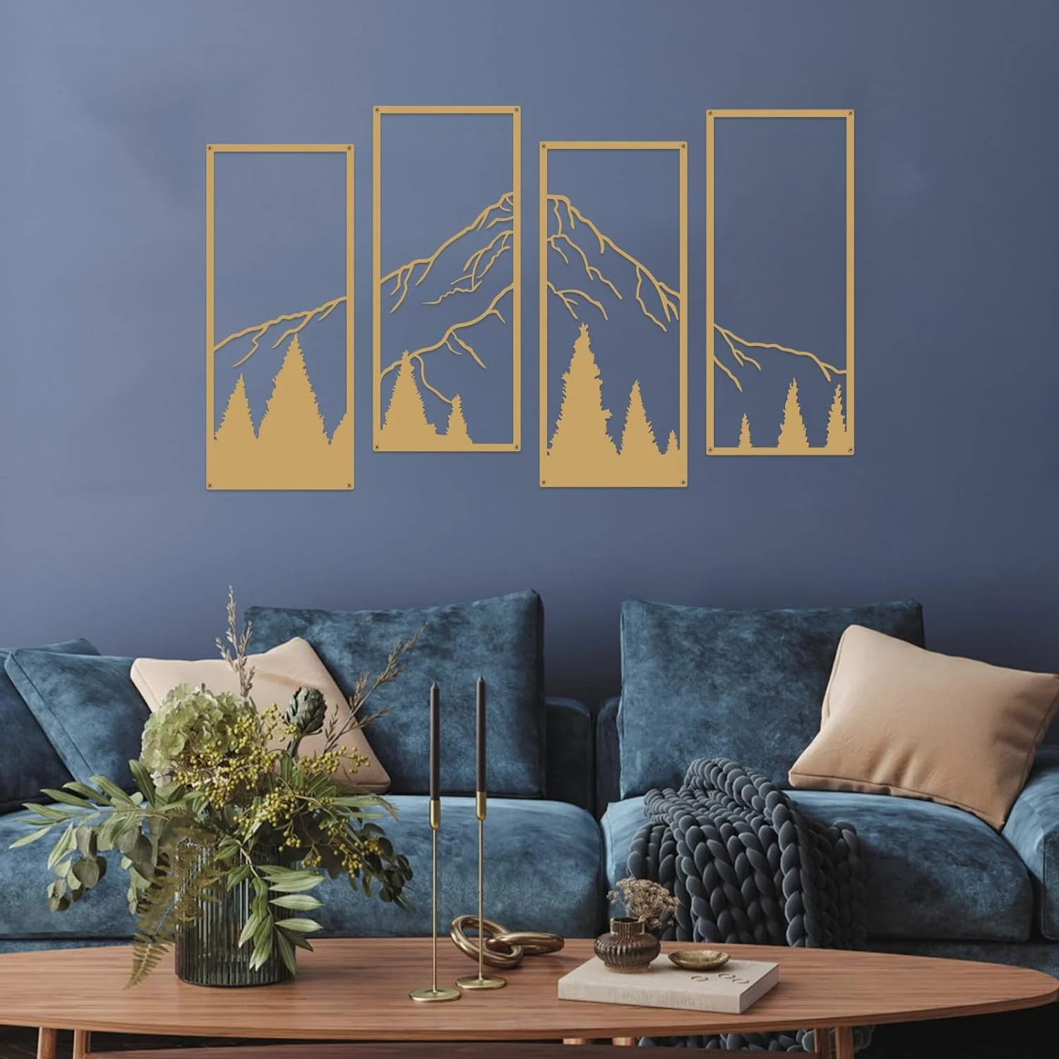 Ruelen 4-Piece Gold Metal Mountain and Forest Wall Art, Line Drawing, Minimalist Decor, Rustic Nature Home Sculpture for Office, Living Room, Bedroom - Image 5