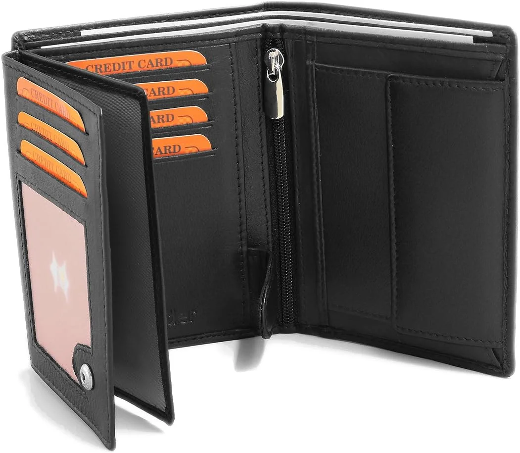 Cartera negra de cuero en vertical con bloqueo RFID abierta mostrando compartimentos para tarjetas y monedas. Vertical Black Leather Wallet with RFID Blocking opened showing compartments for cards and coins.