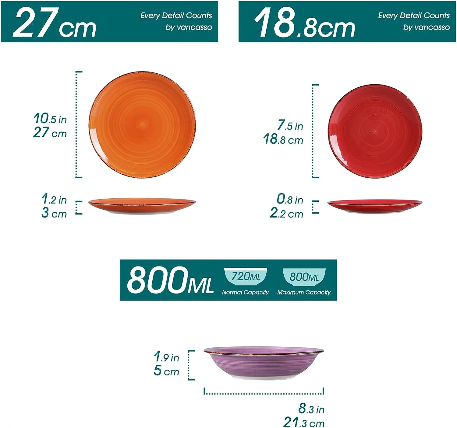 vancasso Serie Bonita Cerámica de Vajilla 36 Pc Pintados a Mano de Estilo con 12 Platos Llano, 12 Platos de Postre y 12 Plato de Sopa, Vajilla para 12 Personas, Mix Colores - Imagen 2