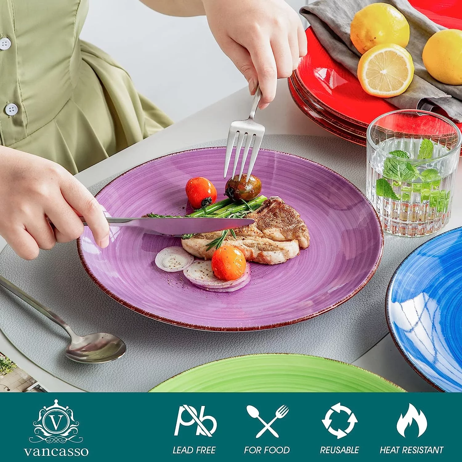 vancasso Serie Bonita Cerámica de Vajilla 36 Pc Pintados a Mano de Estilo con 12 Platos Llano, 12 Platos de Postre y 12 Plato de Sopa, Vajilla para 12 Personas, Mix Colores - Imagen 3