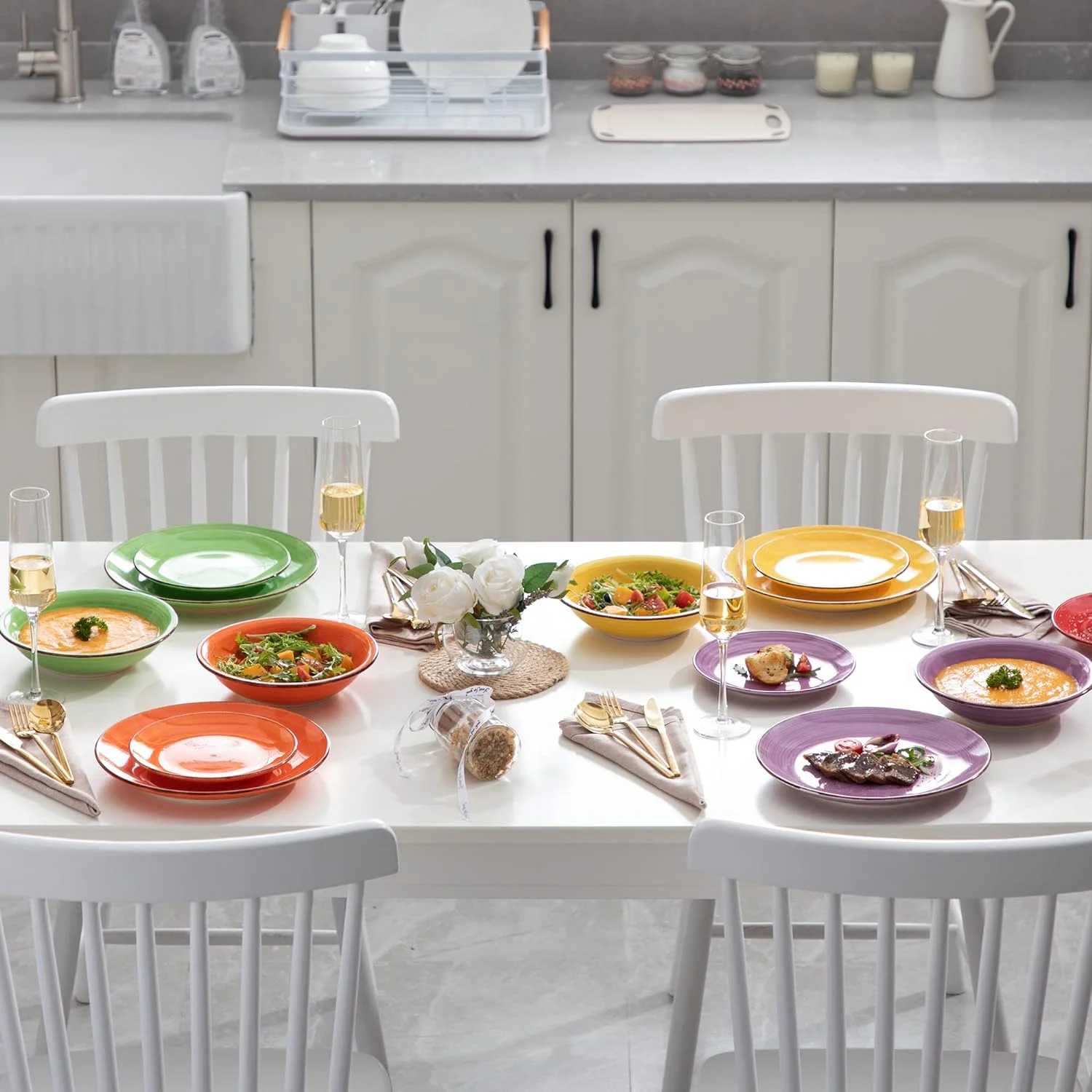 vancasso Serie Bonita Cerámica de Vajilla 36 Pc Pintados a Mano de Estilo con 12 Platos Llano, 12 Platos de Postre y 12 Plato de Sopa, Vajilla para 12 Personas, Mix Colores - Imagen 8