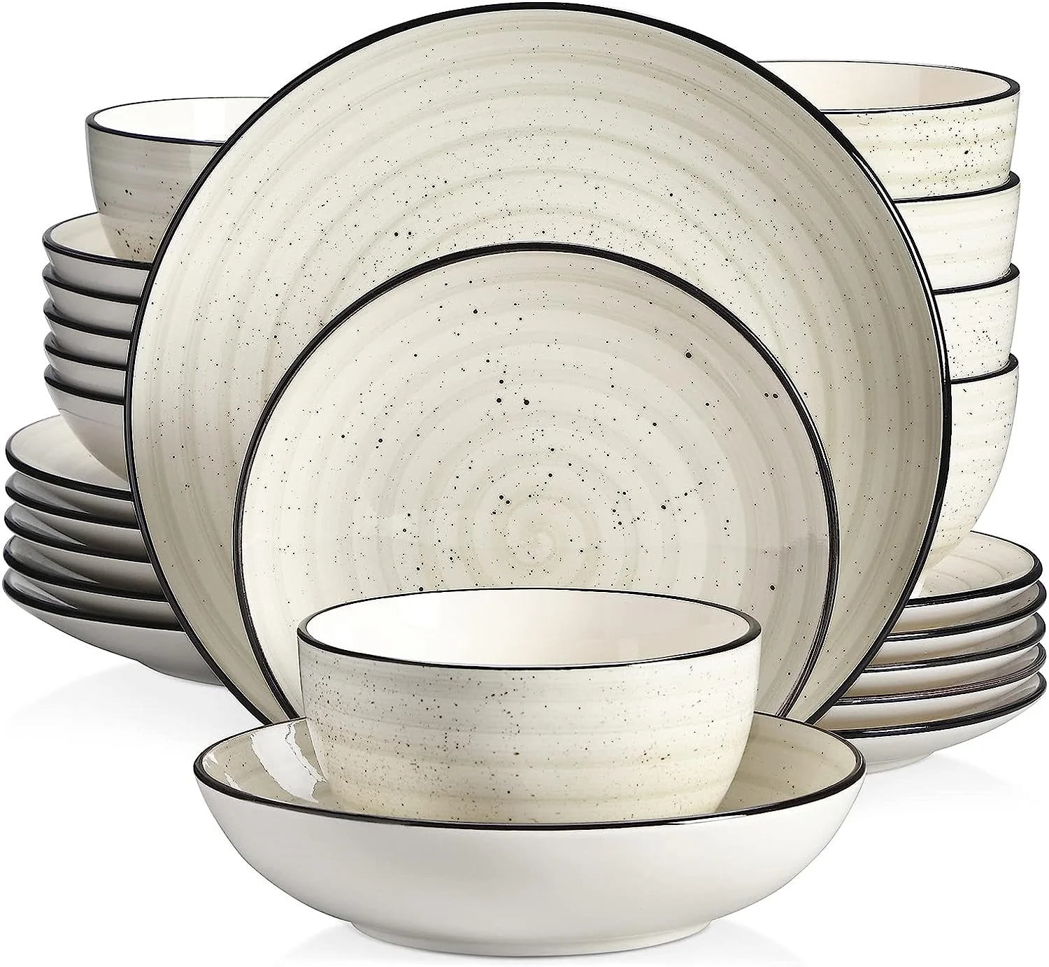 vancasso Bonbon Series Dinnerware Set 24 pcs Hand-Painted Stoneware Dinner Set for 6 Persons Complete Dinnerware with Cereal Bowls, Soup Plates, Dessert Plates, and Dinner Plates, Beige