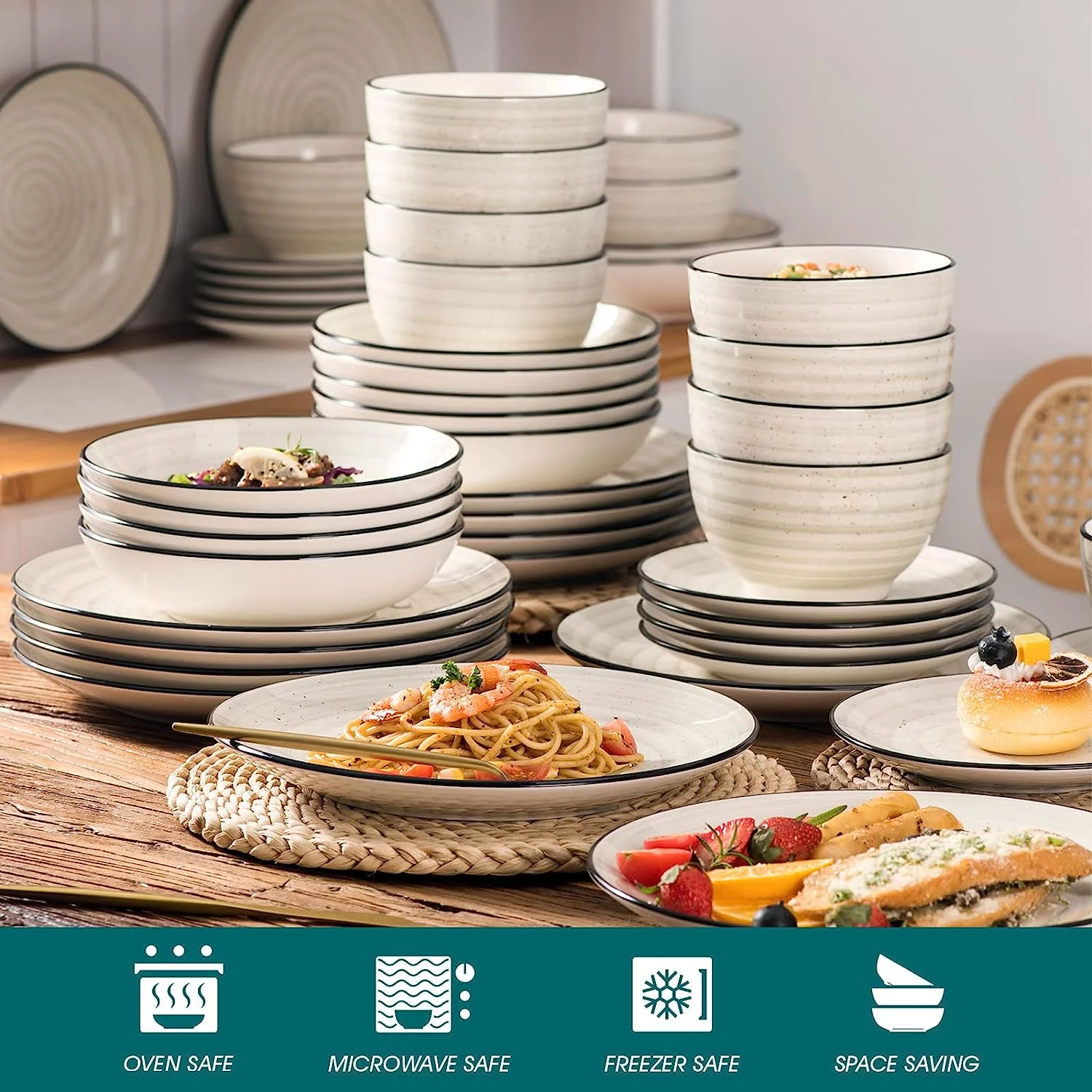 vancasso Bonbon Series Dinnerware Set 24 pcs Hand-Painted Stoneware Dinner Set for 6 Persons Complete Dinnerware with Cereal Bowls, Soup Plates, Dessert Plates, and Dinner Plates, Beige - Image 4