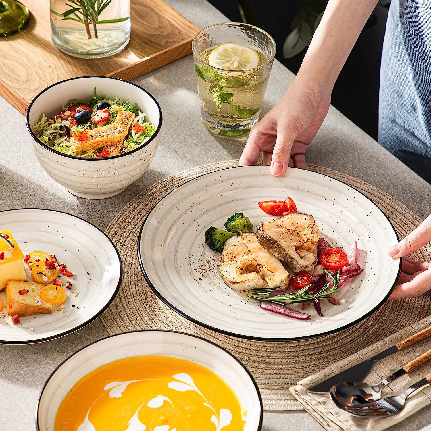 vancasso Bonbon Series Dinnerware Set 24 pcs Hand-Painted Stoneware Dinner Set for 6 Persons Complete Dinnerware with Cereal Bowls, Soup Plates, Dessert Plates, and Dinner Plates, Beige - Image 6