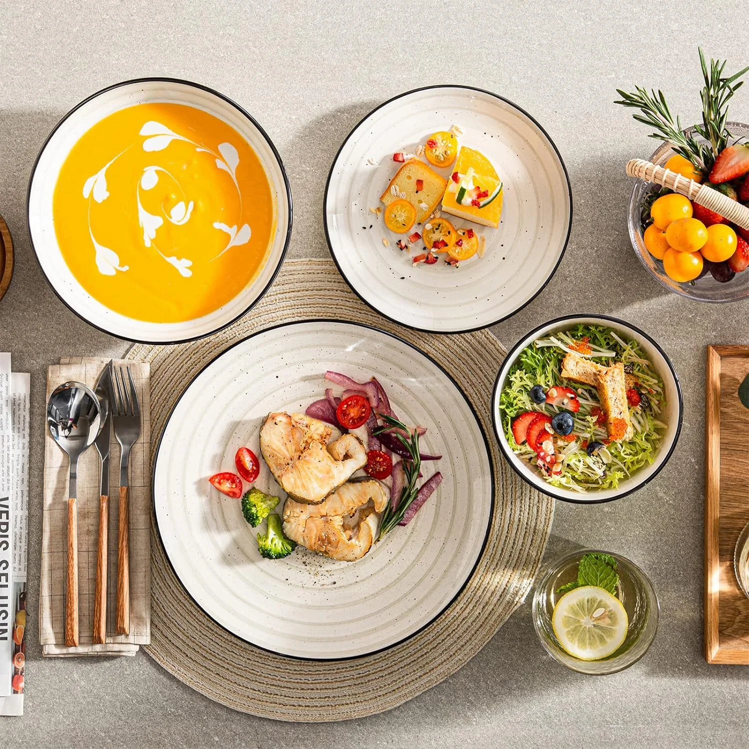vancasso Bonbon Series Dinnerware Set 24 pcs Hand-Painted Stoneware Dinner Set for 6 Persons Complete Dinnerware with Cereal Bowls, Soup Plates, Dessert Plates, and Dinner Plates, Beige - Image 7