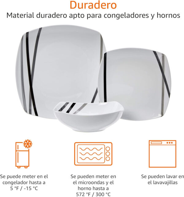 Amazon Basics - Vajilla de 18 Unidad, Líneas modernas, 6 servicios - Imagen 2