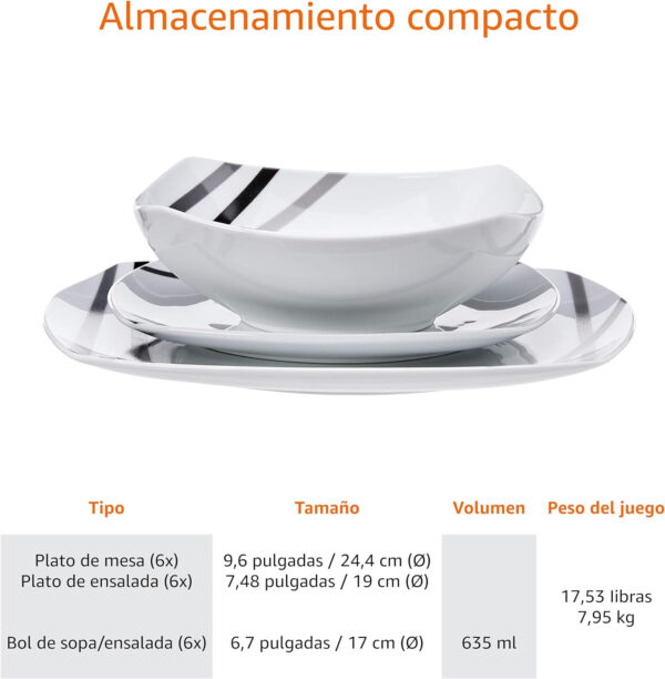 Amazon Basics - Vajilla de 18 Unidad, Líneas modernas, 6 servicios - Imagen 3