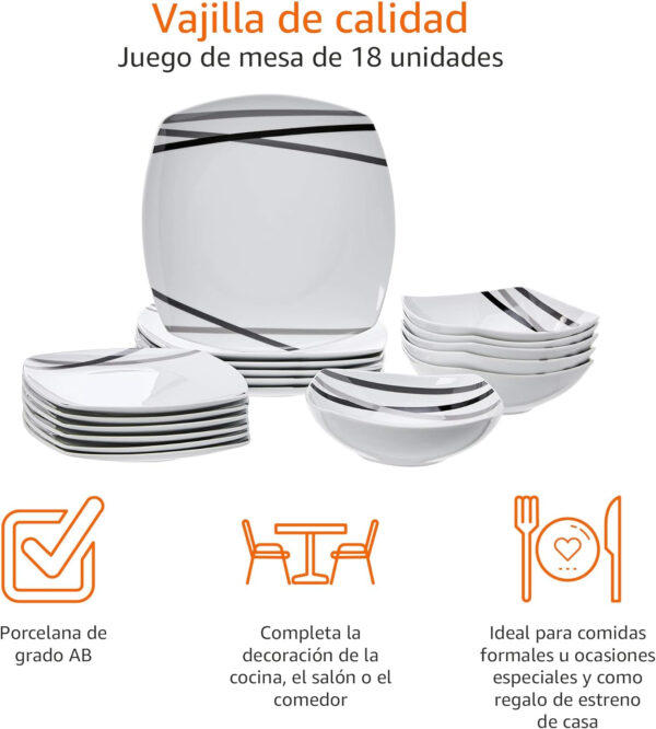 Amazon Basics - Vajilla de 18 Unidad, Líneas modernas, 6 servicios - Imagen 4