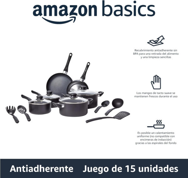 Amazon Basics - Juego de utensilios de cocina antiadherentes, 15 piezas, Negro - Imagen 2