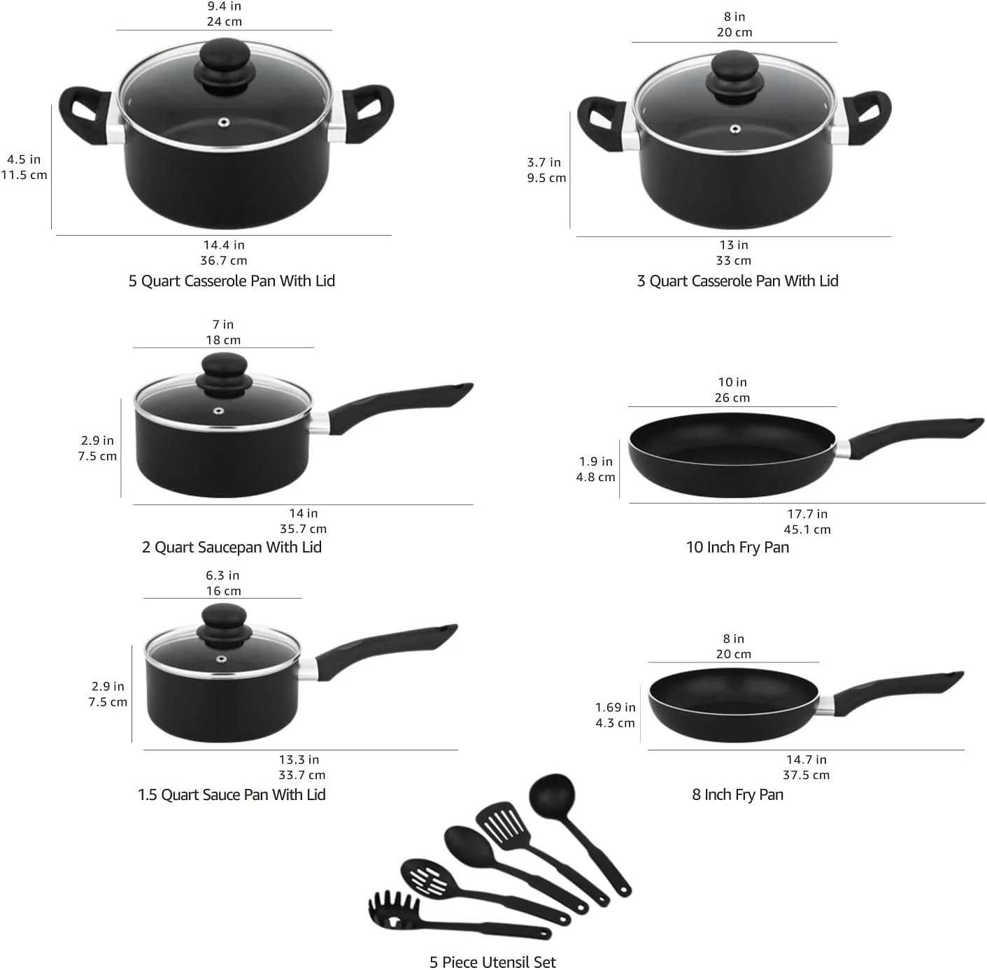 Amazon Basics - Juego de utensilios de cocina antiadherentes, 15 piezas, Negro - Imagen 7
