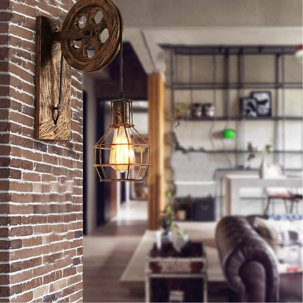 Aplique de Pared Vintage Industrial de iDEGU con Polea de Madera - Imagen 2