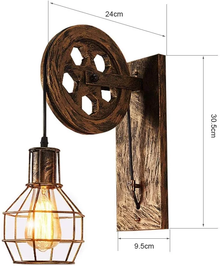 Aplique de Pared Vintage Industrial de iDEGU con Polea de Madera - Imagen 7