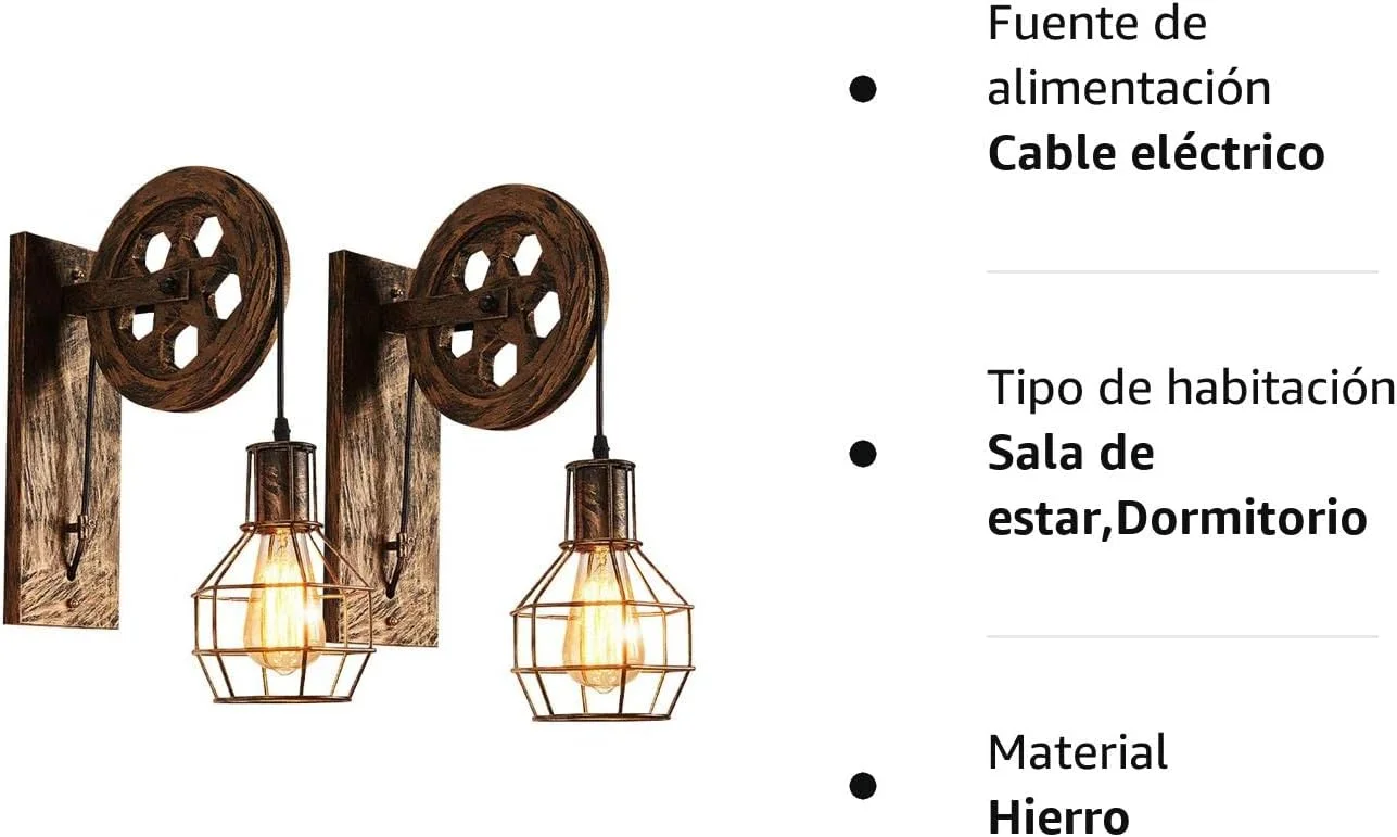 Aplique de Pared Vintage Industrial de iDEGU con Polea de Madera - Imagen 8