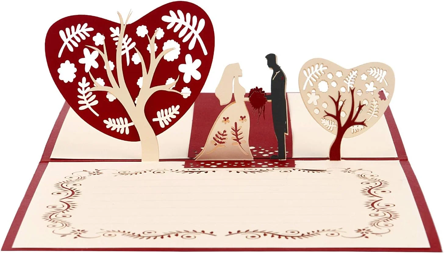 Tarjeta de felicitación emergente 3D boda - Primer plano de la pareja. 3D pop-up wedding card - Close-up of the bride and groom.