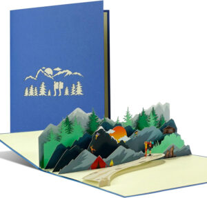 Tarjeta de invitación 3D senderismo camping - Vista frontal. 3D hiking camping invitation card - Front view.