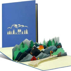 Tarjeta de invitación 3D senderismo camping - Vista frontal. 3D hiking camping invitation card - Front view.