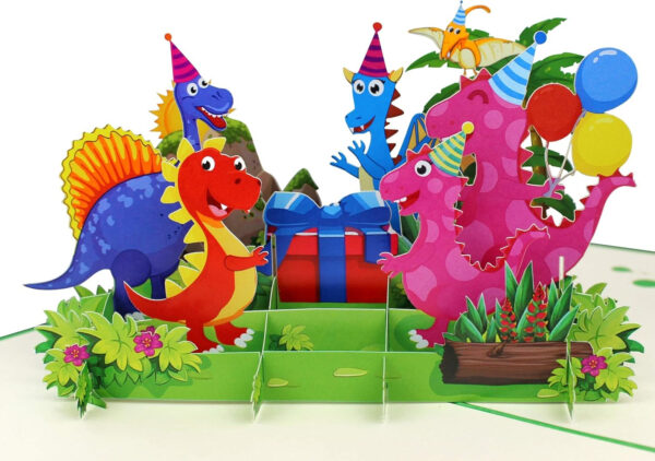 MOKIO® Tarjeta Pop-Up para Niños – Feliz Cumpleaños Dinosaurios con Regalo y Globos – Tarjeta de felicitación 3D para un cumpleaños, ideal para regalos de dinero, Tarjeta de regalo con sobre