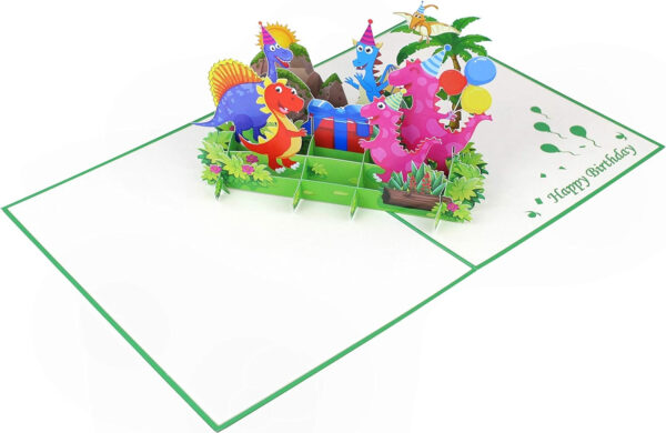 MOKIO® Tarjeta Pop-Up para Niños – Feliz Cumpleaños Dinosaurios con Regalo y Globos – Tarjeta de felicitación 3D para un cumpleaños, ideal para regalos de dinero, Tarjeta de regalo con sobre - Imagen 2