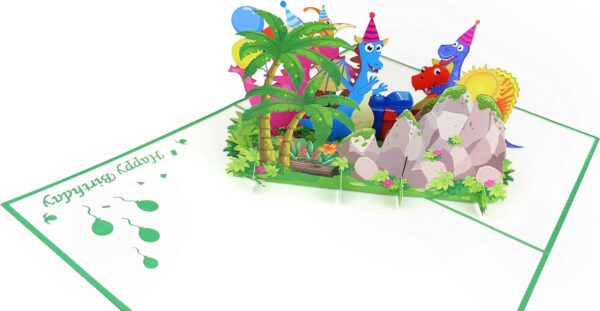 MOKIO® Tarjeta Pop-Up para Niños – Feliz Cumpleaños Dinosaurios con Regalo y Globos – Tarjeta de felicitación 3D para un cumpleaños, ideal para regalos de dinero, Tarjeta de regalo con sobre - Imagen 5