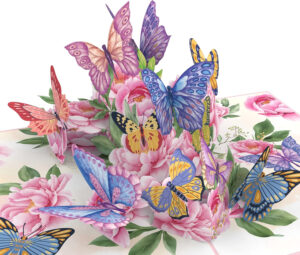 MOKIO® Tarjeta de Mariposa Pop-Up – Flores con Mariposas – Tarjeta de felicitación 3D para un cumpleaños, jubilación o como cupón, Tarjeta de regalo emergente con sobre