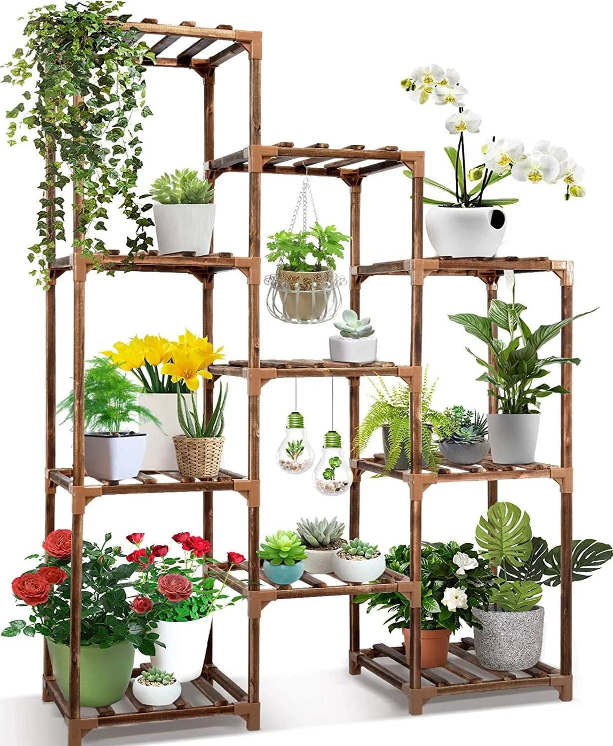 Soporte plantas interior Exterior, 10 Macetas altura grande, estante de madera varios niveles, estantes de jardín para sala de estar, balcón, césped