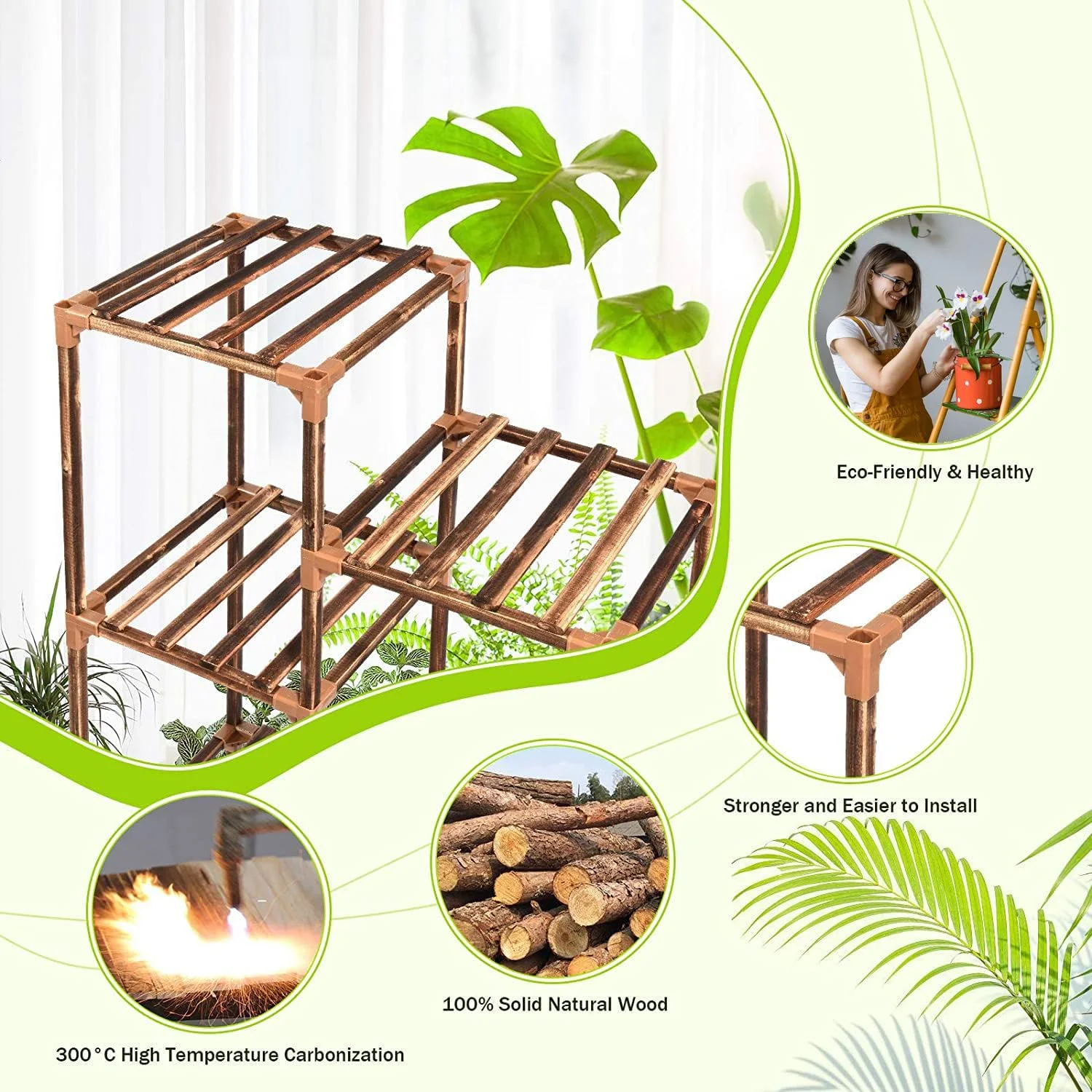 Soporte plantas interior Exterior, 10 Macetas altura grande, estante de madera varios niveles, estantes de jardín para sala de estar, balcón, césped - Imagen 3
