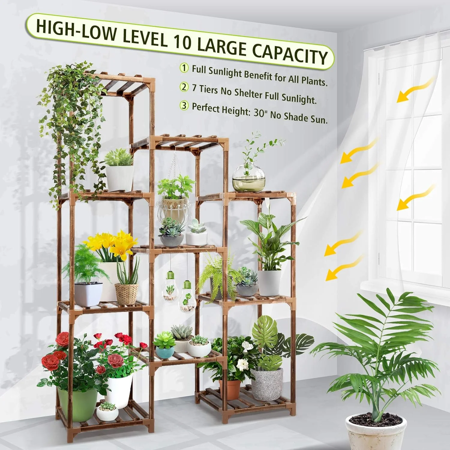 Soporte plantas interior Exterior, 10 Macetas altura grande, estante de madera varios niveles, estantes de jardín para sala de estar, balcón, césped - Imagen 4