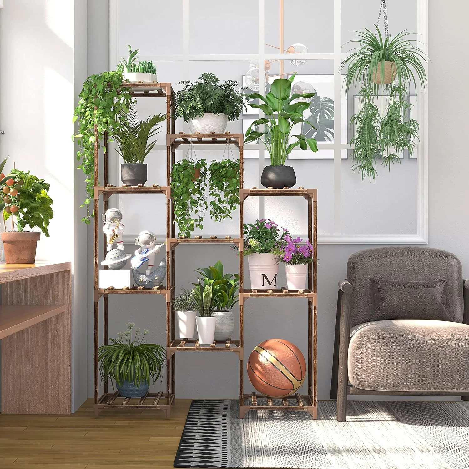 Soporte plantas interior Exterior, 10 Macetas altura grande, estante de madera varios niveles, estantes de jardín para sala de estar, balcón, césped - Imagen 5