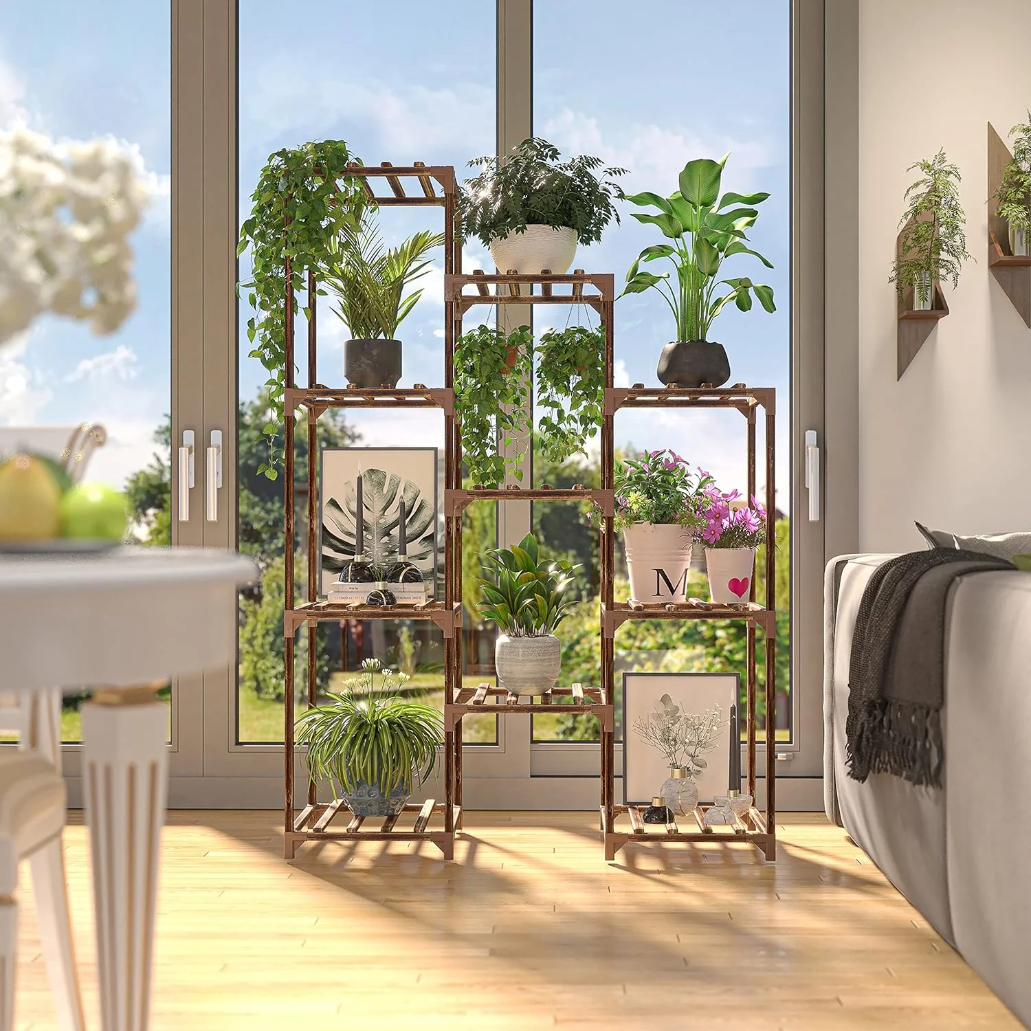 Soporte plantas interior Exterior, 10 Macetas altura grande, estante de madera varios niveles, estantes de jardín para sala de estar, balcón, césped - Imagen 6