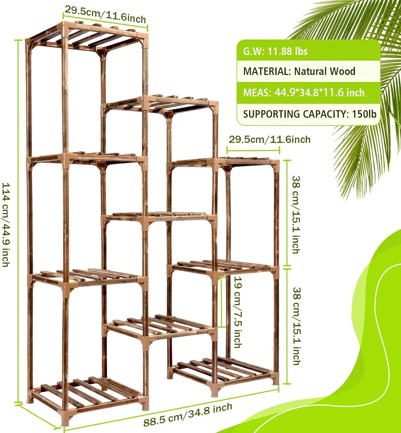Soporte plantas interior Exterior, 10 Macetas altura grande, estante de madera varios niveles, estantes de jardín para sala de estar, balcón, césped - Imagen 7