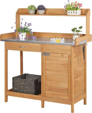 Yaheetech Mesa de Trabajo de jardín para Plantas de Madera con Estante Espacioso, cajón y Armario para jardín, 112 x 46,5 x 125 cm