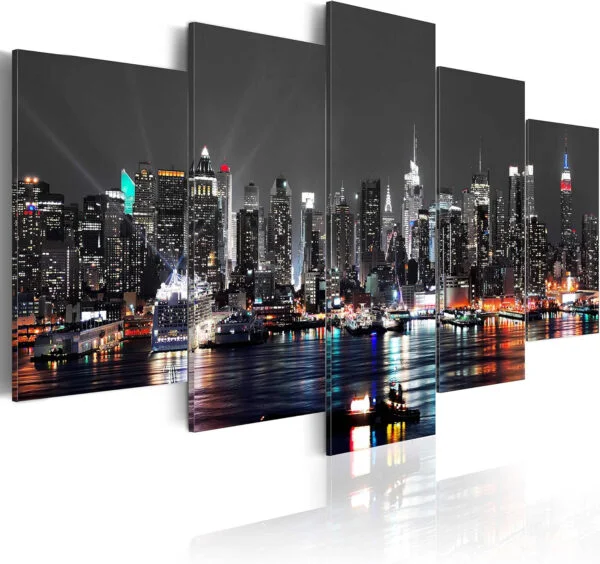 murando Cuadro en Lienzo 200x100 cm, Ciudad Noche Nueva York, Impresión Artística de 5 Piezas Material Tejido no Tejido, Imagen Gráfica Decoracion de Pared - d-A-0022-b-n