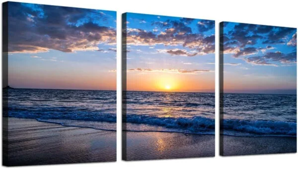 hyidecorart Cuadros Decoracion Salon Modernos Puesta De Sol Junto Al Mar, 3 Piezas Cuadros Paisajes Playa, Naturaleza Marina Cuadros Decoracion Dormitorios Comedor Oficina Pasillo Cocina Y Baño