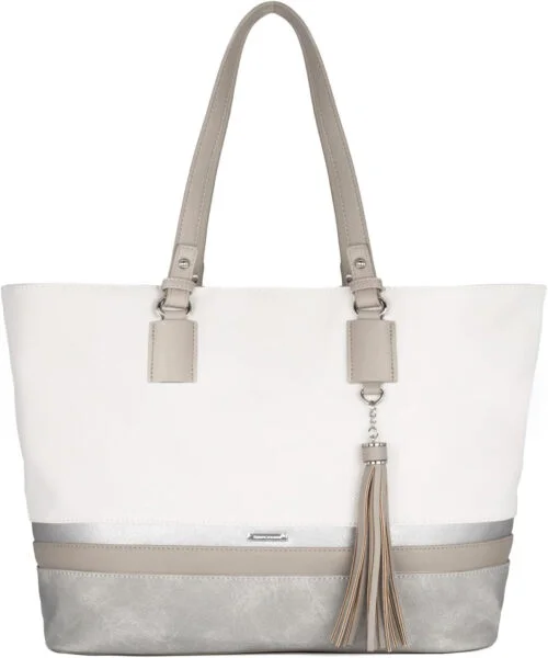 David Jones - Bolso de Hombro Grande Mujer - Tote Shopper Gran Capacidad Lona Suave Cuero PU Rayas - Bolsos de Mano Asa Larga Señora - Totalizador Casual Viaje Trabajo Escuela Diario Vida - Blanco