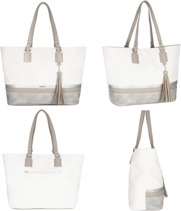 David Jones - Bolso de Hombro Grande Mujer - Tote Shopper Gran Capacidad Lona Suave Cuero PU Rayas - Bolsos de Mano Asa Larga Señora - Totalizador Casual Viaje Trabajo Escuela Diario Vida - Blanco - Imagen 4