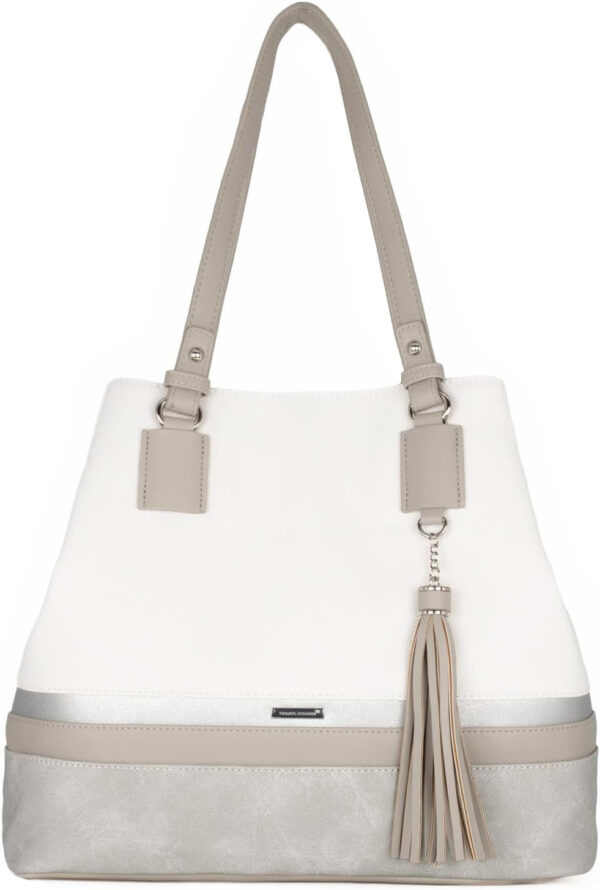 David Jones - Bolso de Hombro Grande Mujer - Tote Shopper Gran Capacidad Lona Suave Cuero PU Rayas - Bolsos de Mano Asa Larga Señora - Totalizador Casual Viaje Trabajo Escuela Diario Vida - Blanco - Imagen 5