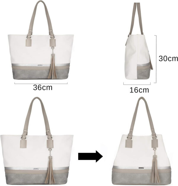 David Jones - Bolso de Hombro Grande Mujer - Tote Shopper Gran Capacidad Lona Suave Cuero PU Rayas - Bolsos de Mano Asa Larga Señora - Totalizador Casual Viaje Trabajo Escuela Diario Vida - Blanco - Imagen 6