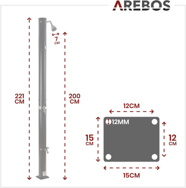 Arebos Ducha Solar | 20 litros | 221cm | con termómetro Integrado | Incl.Portada | Cabezal de Ducha Redondo | con Ducha de pies | Ducha de jardín con conexión para Manguera de jardín | Negro - Imagen 7