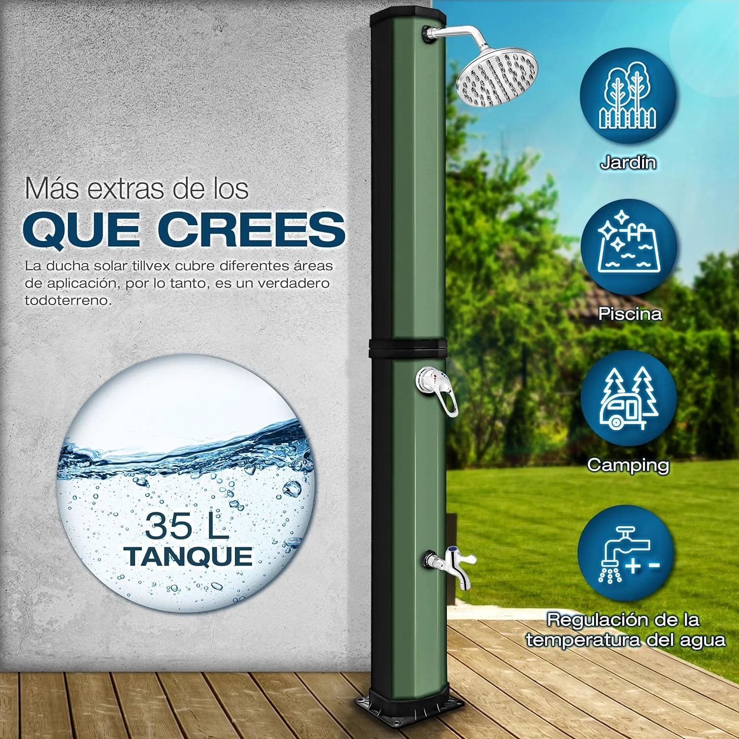 tillvex Ducha Solar con Cubierta Protectora | Ducha Solar de jardín Agua Caliente | Ducha de Piscina sin conexión eléctrica | con Grifo y Cabezal de Ducha de Lluvia (Negro/Verde, 35 litros) - Imagen 2