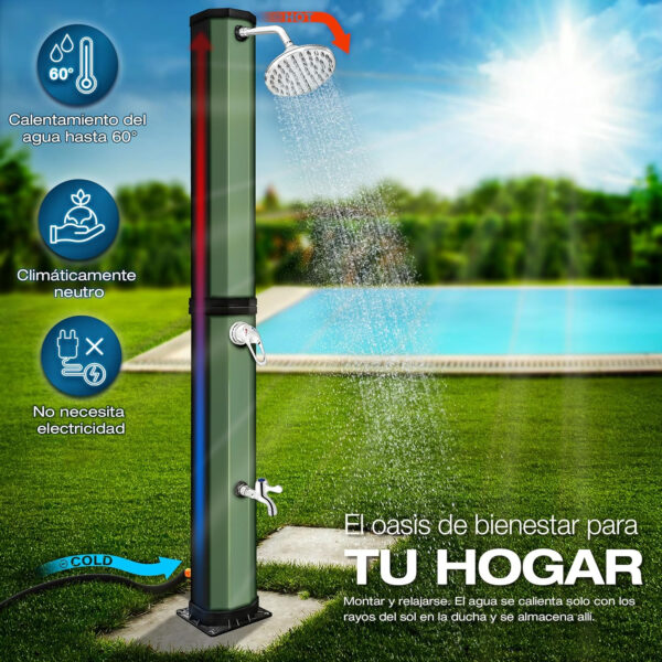 tillvex Ducha Solar con Cubierta Protectora | Ducha Solar de jardín Agua Caliente | Ducha de Piscina sin conexión eléctrica | con Grifo y Cabezal de Ducha de Lluvia (Negro/Verde, 35 litros) - Imagen 3