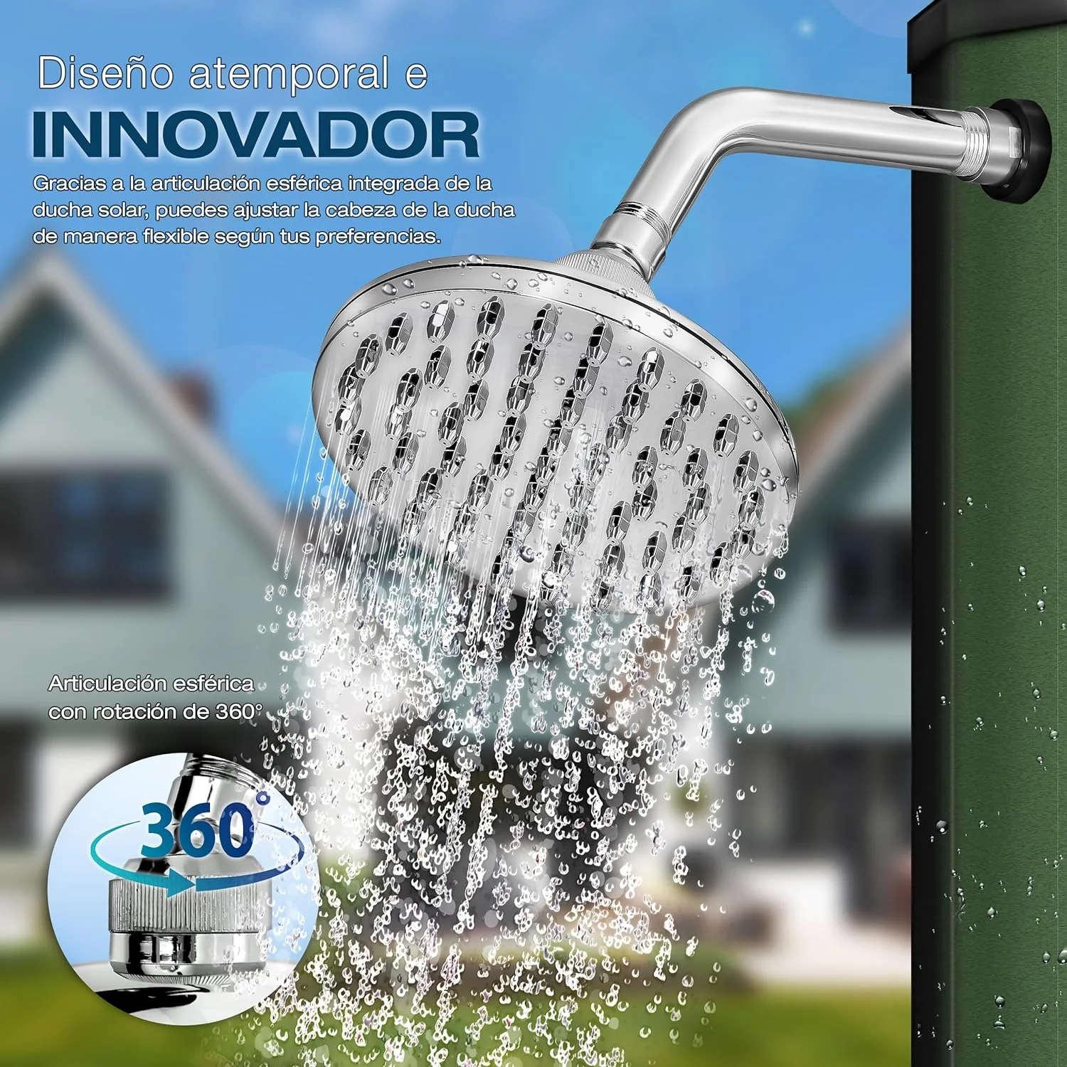 tillvex Ducha Solar con Cubierta Protectora | Ducha Solar de jardín Agua Caliente | Ducha de Piscina sin conexión eléctrica | con Grifo y Cabezal de Ducha de Lluvia (Negro/Verde, 35 litros) - Imagen 5