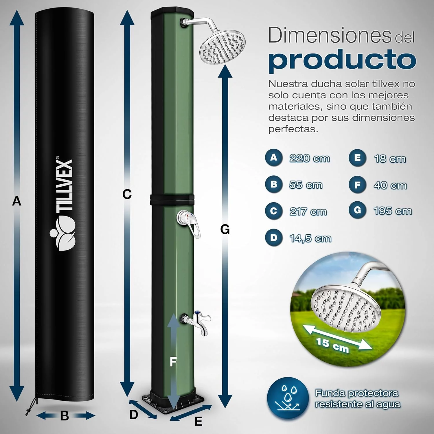 tillvex Ducha Solar con Cubierta Protectora | Ducha Solar de jardín Agua Caliente | Ducha de Piscina sin conexión eléctrica | con Grifo y Cabezal de Ducha de Lluvia (Negro/Verde, 35 litros) - Imagen 6