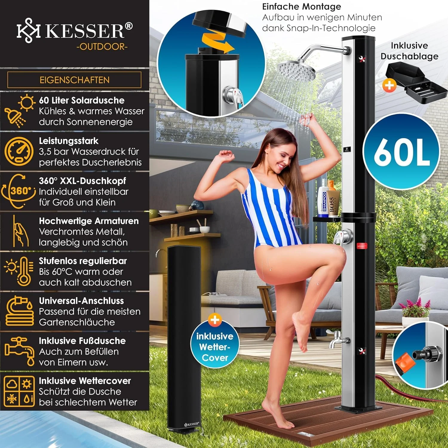 KESSER® Ducha de Jardín 60L | Ducha Solar con Agua Caliente Máximo 60 °C | Incluye Jabonera metálico y Cubierta Protectora | sin conexión eléctrica | Ducha de Piscina Camping y Grifo, Negro/Plata - Imagen 2