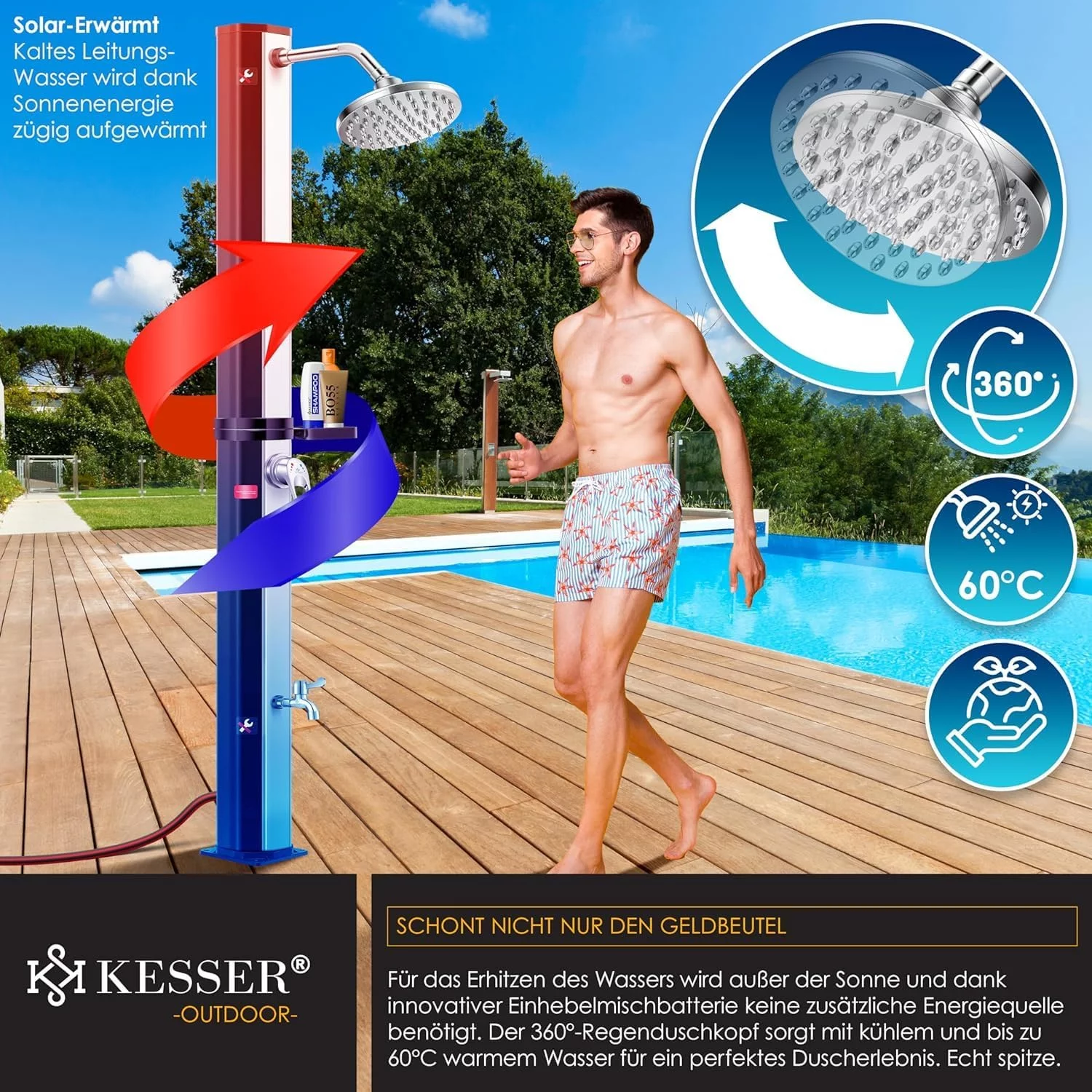 KESSER® Ducha de Jardín 60L | Ducha Solar con Agua Caliente Máximo 60 °C | Incluye Jabonera metálico y Cubierta Protectora | sin conexión eléctrica | Ducha de Piscina Camping y Grifo, Negro/Plata - Imagen 4