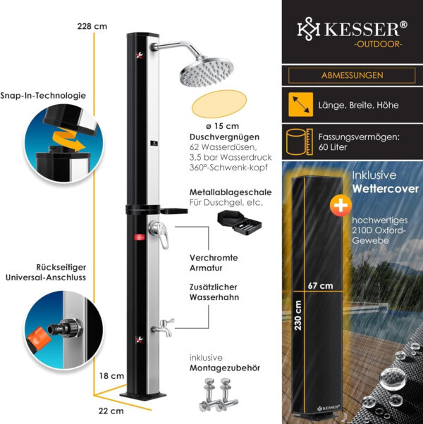 KESSER® Ducha de Jardín 60L | Ducha Solar con Agua Caliente Máximo 60 °C | Incluye Jabonera metálico y Cubierta Protectora | sin conexión eléctrica | Ducha de Piscina Camping y Grifo, Negro/Plata - Imagen 7