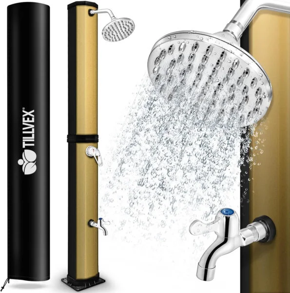 tillvex Ducha Solar con Cubierta Protectora | Ducha Solar de jardín Agua Caliente | Ducha de Piscina sin conexión eléctrica | con Grifo y Cabezal de Ducha de Lluvia (Negro/Oro, 35 litros)
