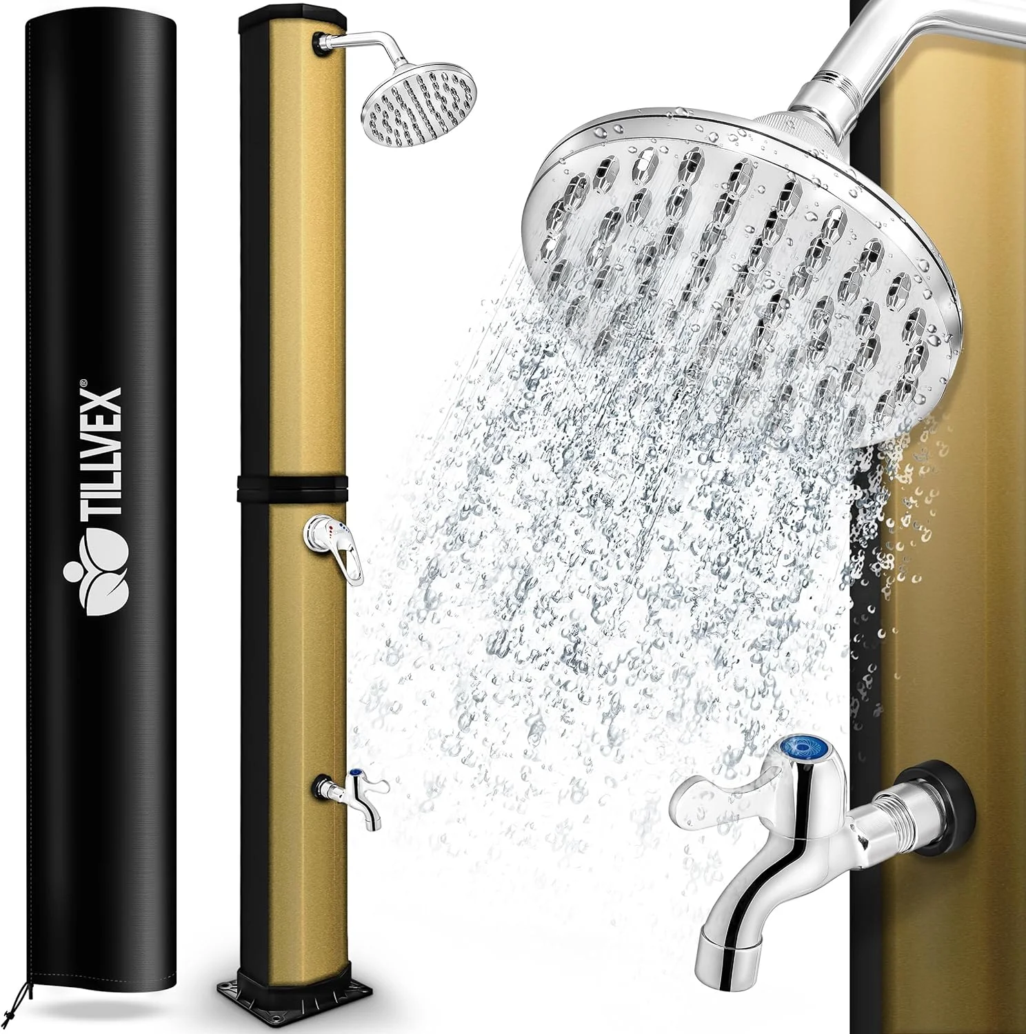 tillvex Ducha Solar con Cubierta Protectora | Ducha Solar de jardín Agua Caliente | Ducha de Piscina sin conexión eléctrica | con Grifo y Cabezal de Ducha de Lluvia (Negro/Oro, 35 litros)