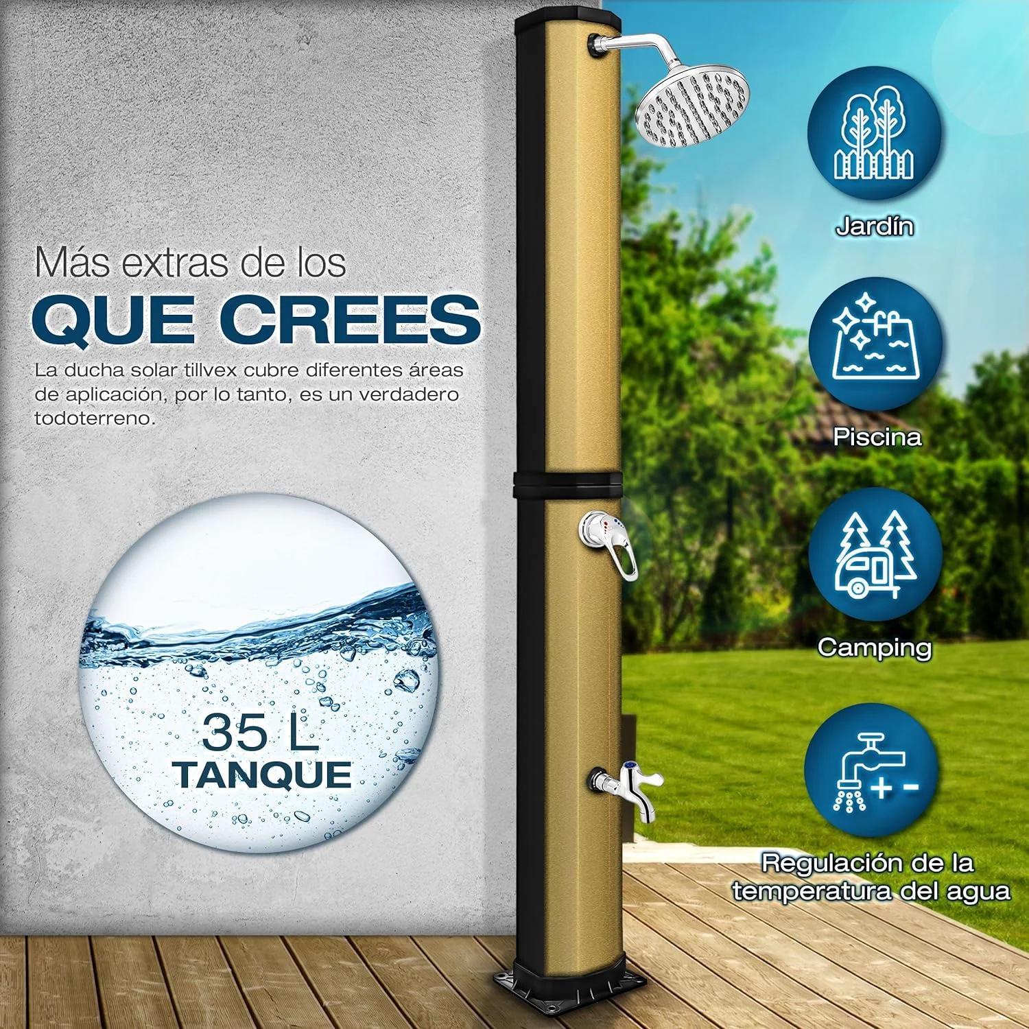 tillvex Ducha Solar con Cubierta Protectora | Ducha Solar de jardín Agua Caliente | Ducha de Piscina sin conexión eléctrica | con Grifo y Cabezal de Ducha de Lluvia (Negro/Oro, 35 litros) - Imagen 2