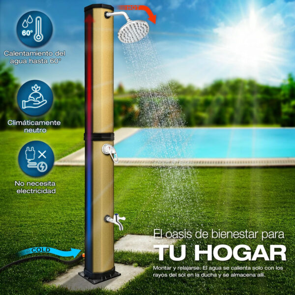 tillvex Ducha Solar con Cubierta Protectora | Ducha Solar de jardín Agua Caliente | Ducha de Piscina sin conexión eléctrica | con Grifo y Cabezal de Ducha de Lluvia (Negro/Oro, 35 litros) - Imagen 3